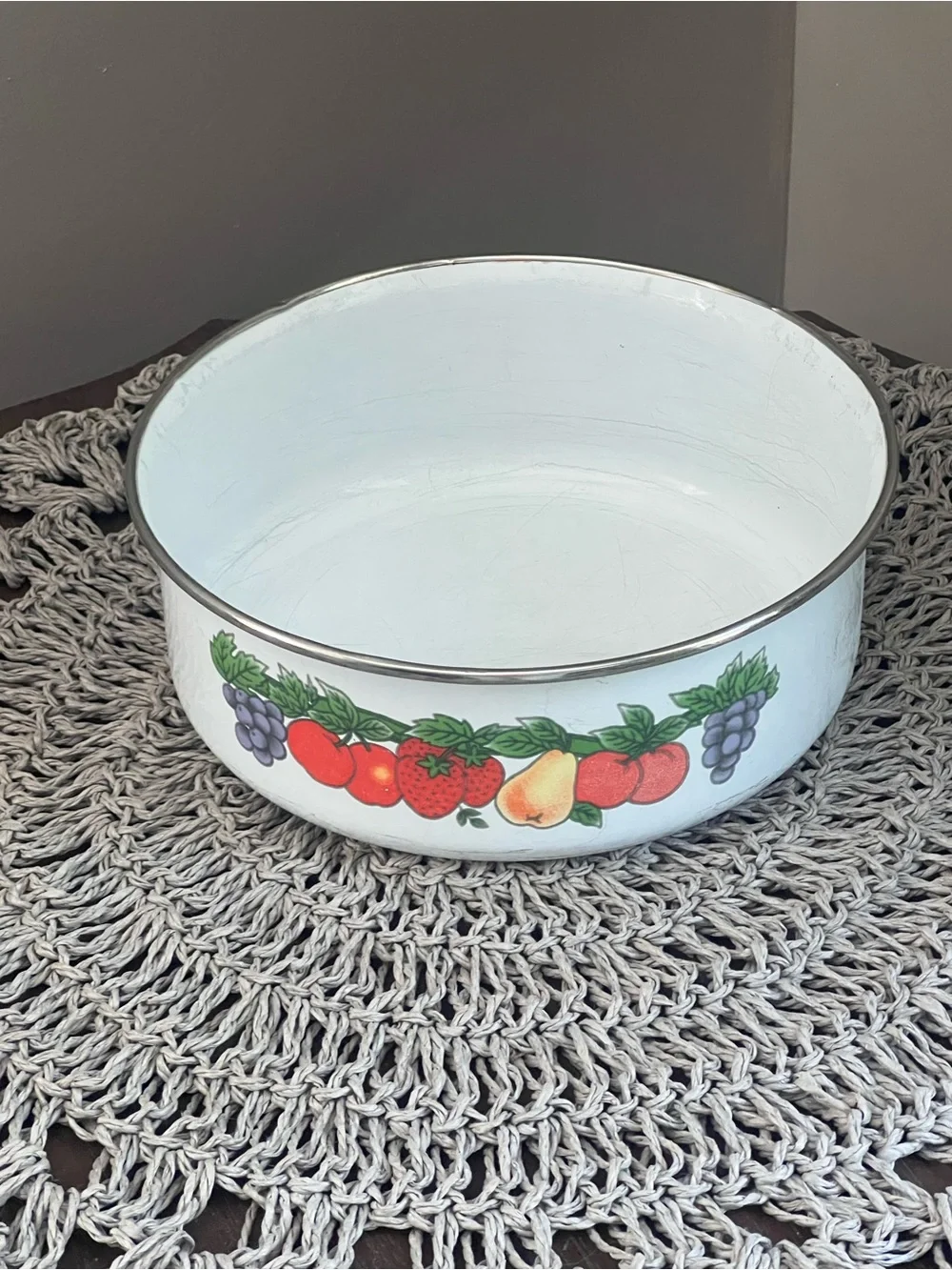 Vintage White Enamel Fruit-Print Bowl apples cottage core granny decor